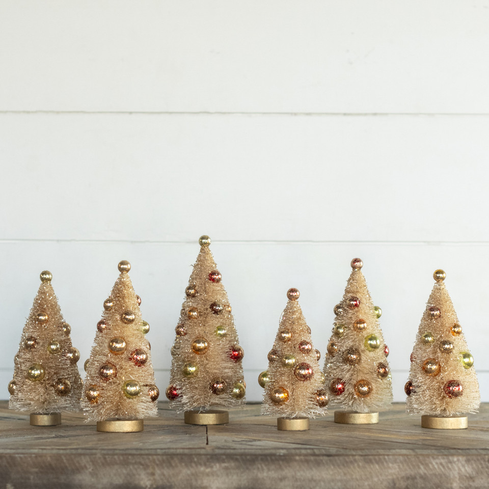 SET/ 6 - CREAM BOTTLEBRUSH TREES W/ GLITTERED BULBS