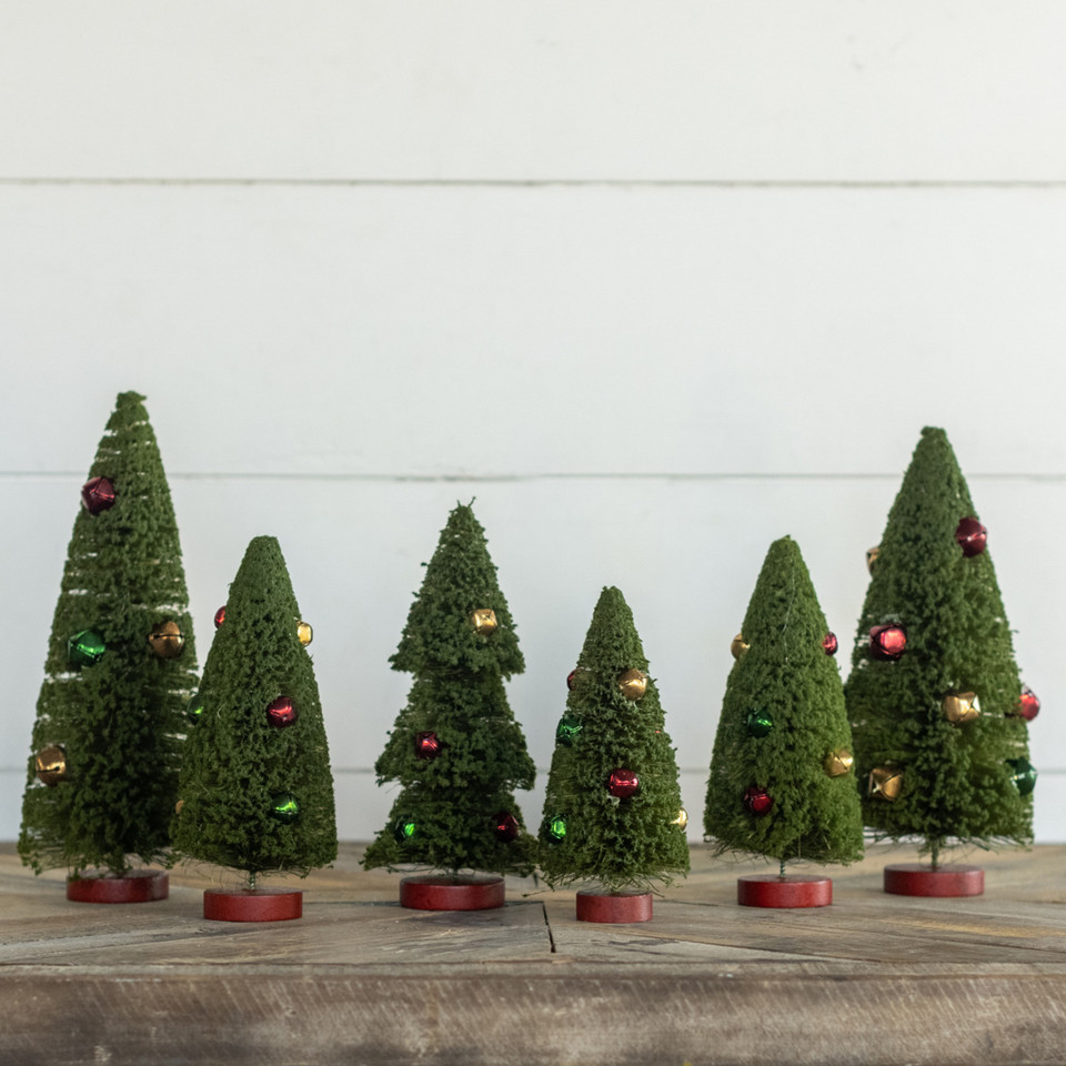 SET/ 6 GREEN BOTTLEBRUSH TREES W/ JINGLE BELLS