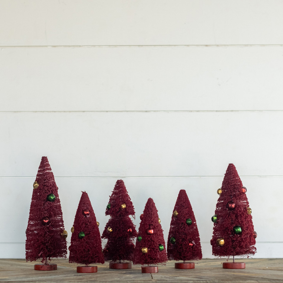 SET/ 6 BURGUNDY BOTTLEBRUSH TREES W/ JINGLE BELLS