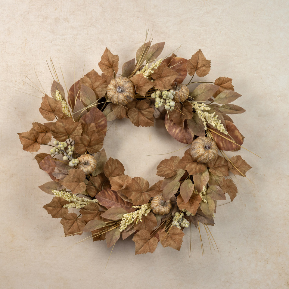 24" BEIGE MIXED LEAF & PUMPKIN WREATH