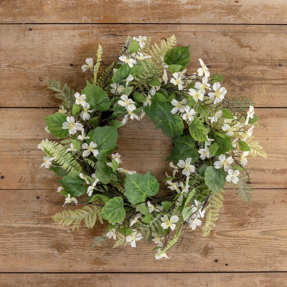 22" WHITE DOGWOOD & FERN WREATH