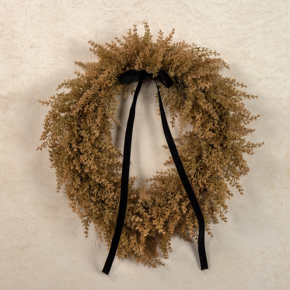 22" TAN MINI MONTEREY CYPRESS WREATH W/ BLACK VELVET BOW