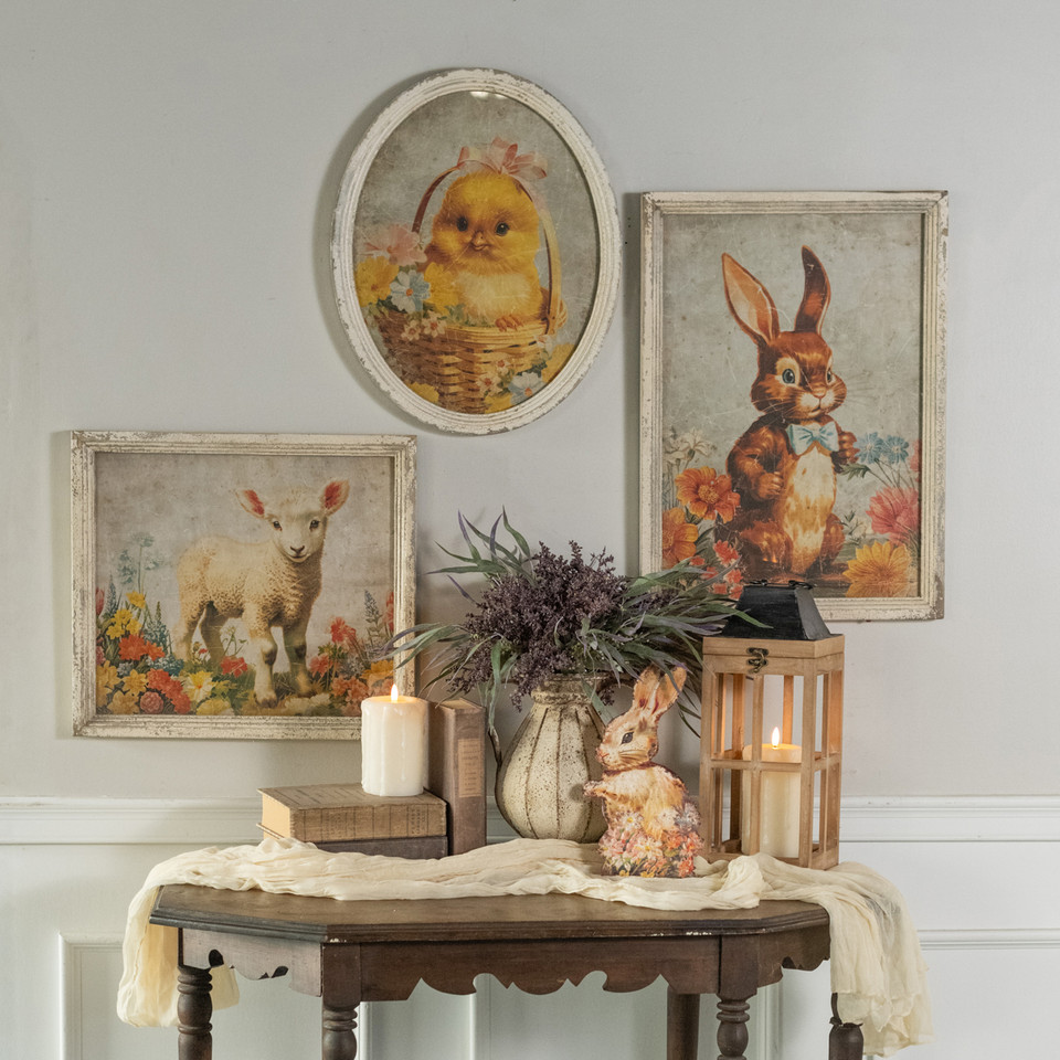 OVAL FRAMED CHICK IN BASKET WITH FLOWERS PRINT