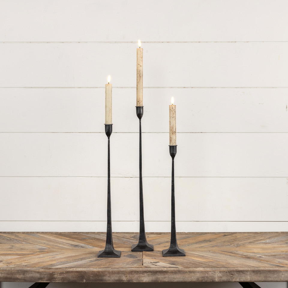 SET/ 3 FORGED BLACK TAPER CANDLESTICKS