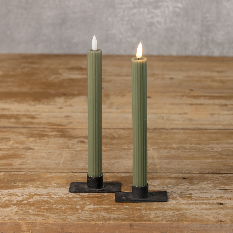 SET/ 2 - 9.5" 3D FLAME GROOVED DARK GREEN TAPER CANDLE