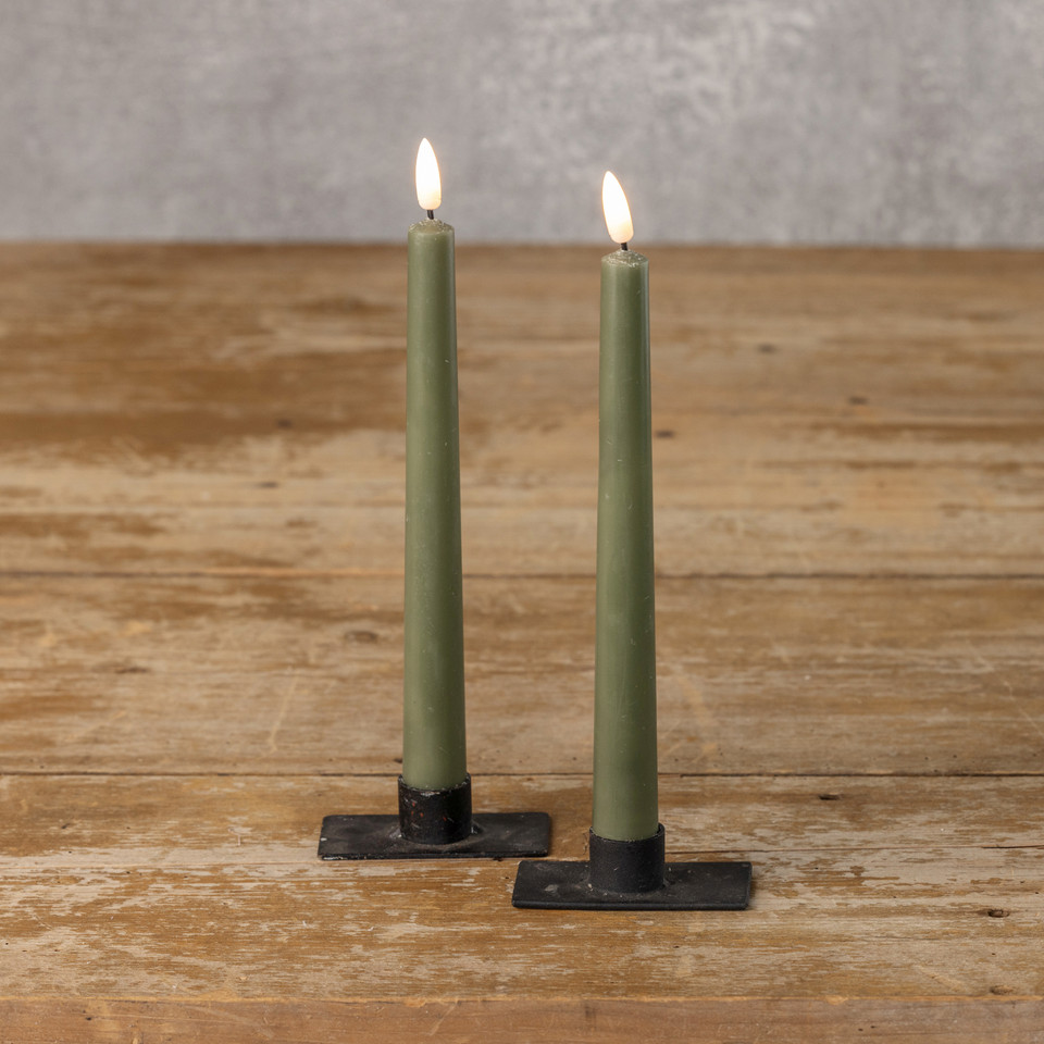 SET/ 2 - 9.5" 3D FLAME DROP DARK GREEN TAPER CANDLE