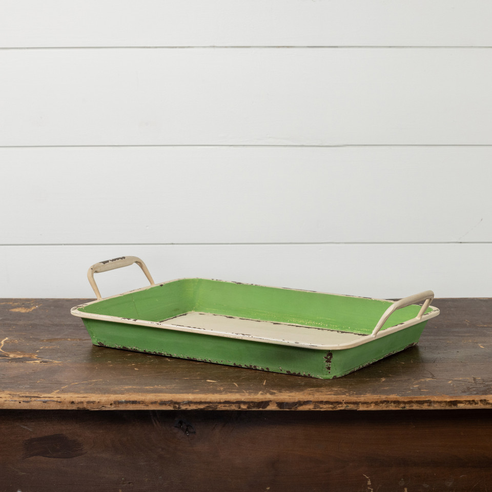 DISTRESSED GREEN METAL TRAY
