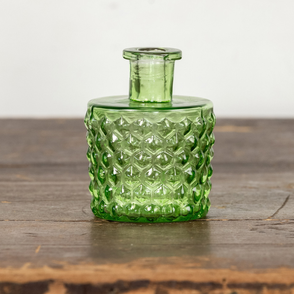 4" GREEN PATTERENED GLASS BUD VASE