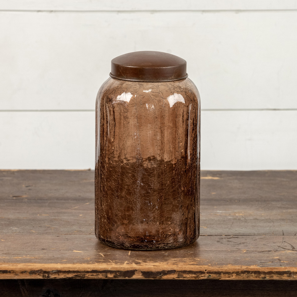 9" AMBER GLASS JAR W/ ANTIQUE LID