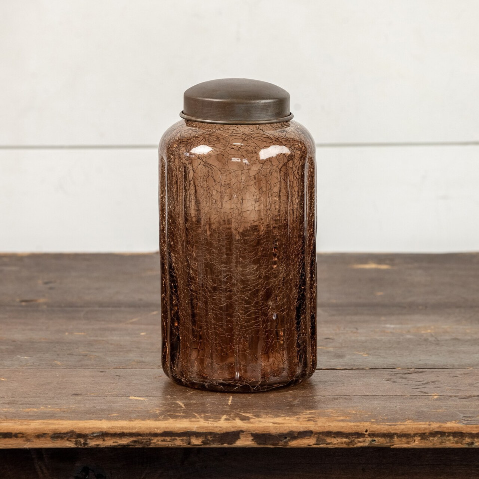 9.75" AMBER GLASS JAR W/ ANTIQUE LID