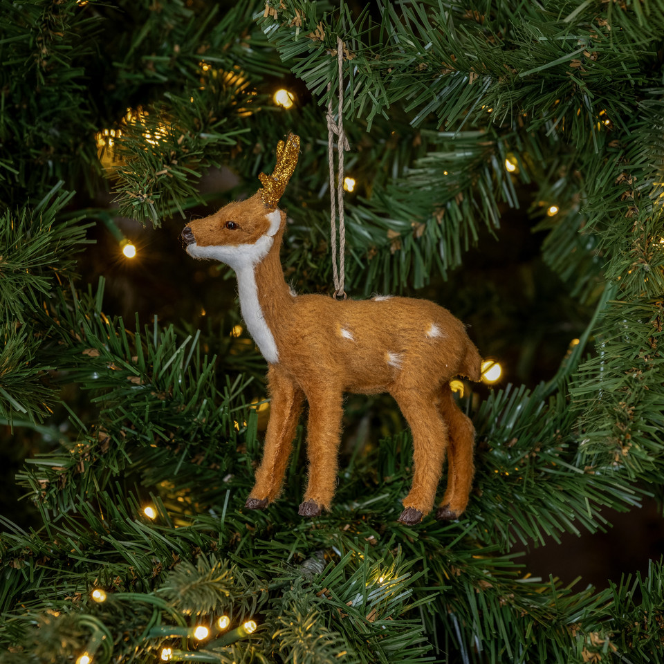 FUR DEER W/ GOLD GLITTERED ANTLERS ORNAMENT