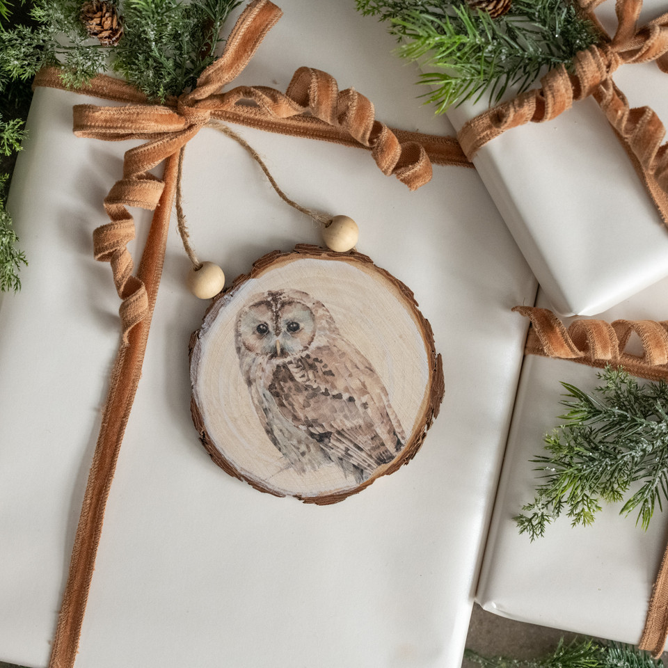 OWL ON WOOD SLICE ORNAMENT