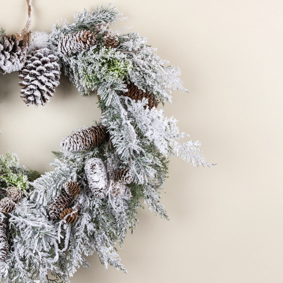 21" SNOWY CEDAR W/ MIXED PINECONES HANGING WREATH