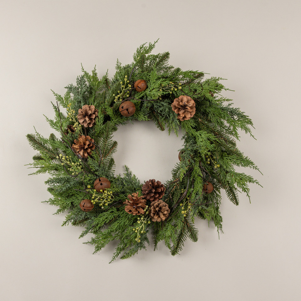 24" SOFT TOUCH PINE & CEDAR W/ AGED BELLS WREATH
