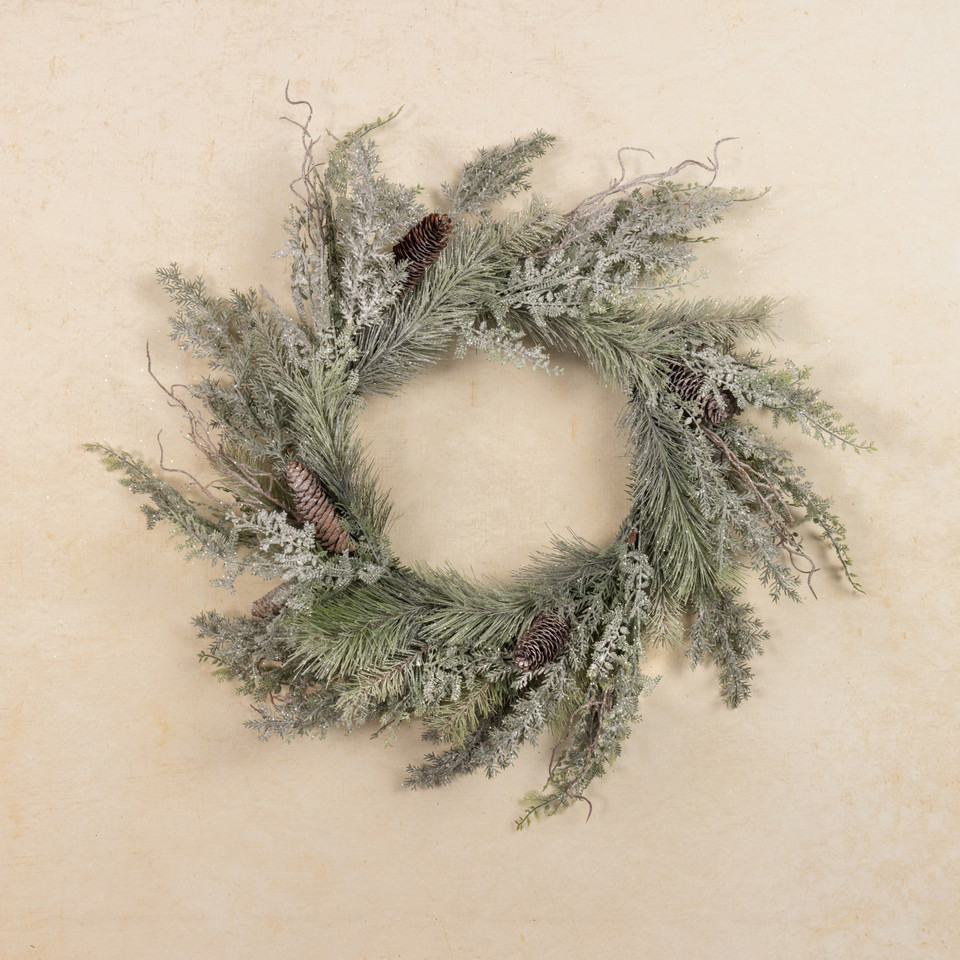 24" GLITTERED PINE W/ FERN WREATH