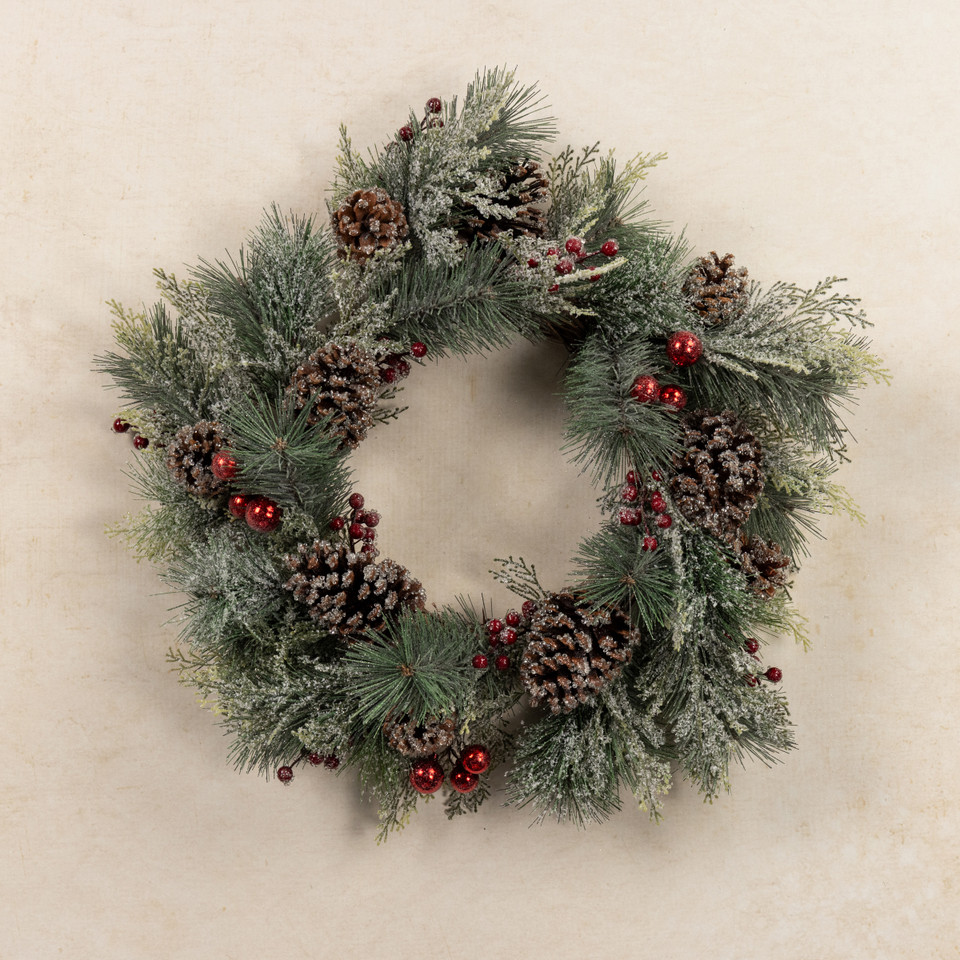 24" FROSTED PINE & CEDAR W/ BERRIES, ORNAMENTS & PINECONE WREATH