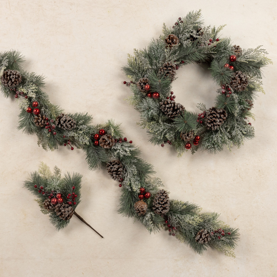 24" FROSTED PINE & CEDAR W/ BERRIES, ORNAMENTS & PINECONE WREATH