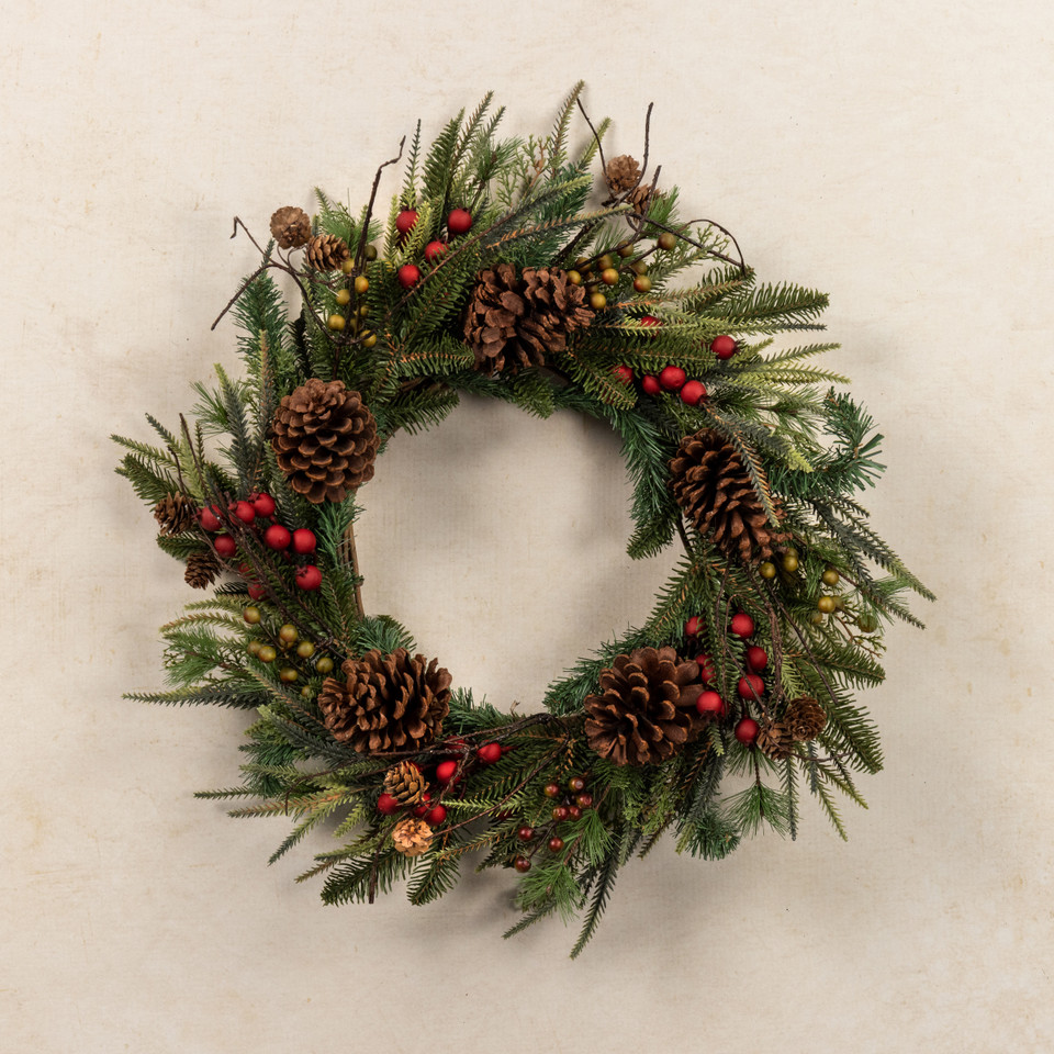 24" REDWOOD PINE BERRIES & PINECONES WREATH