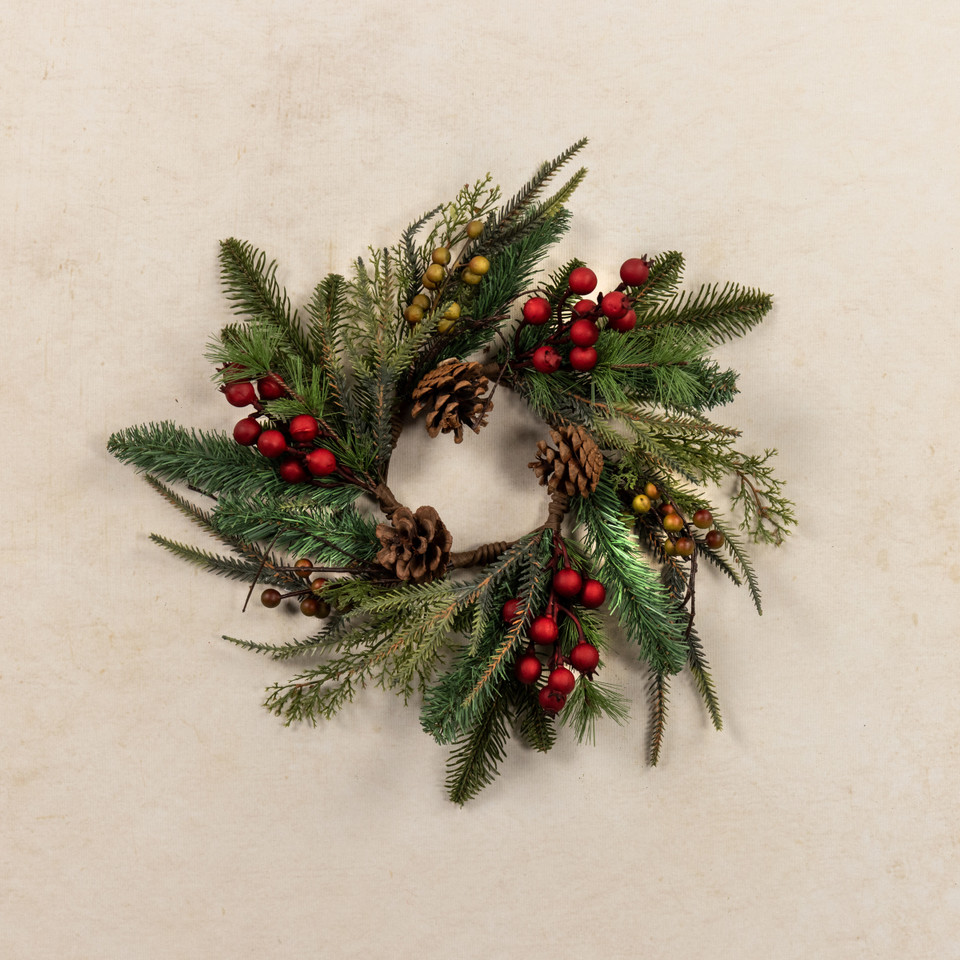 16" REDWOOD PINE BERRIES & PINECONES CANDLE RING