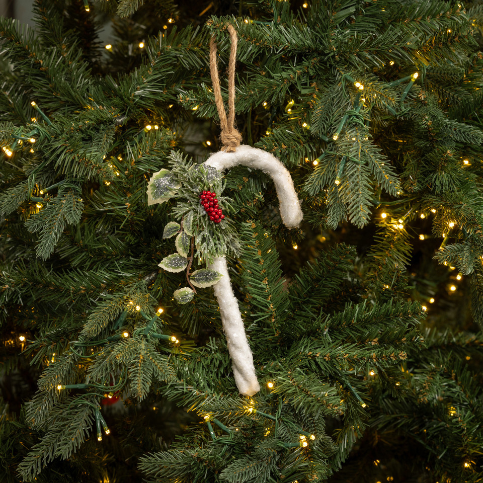 10" WHITE GLITTERED CANDY CANE ORNAMENT