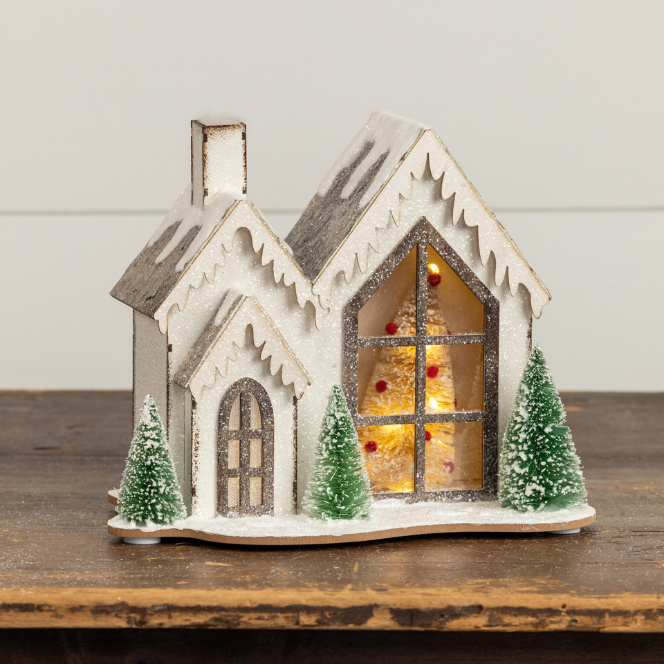 8.75" LIGHTED WOOD SNOWY HOLIDAY HOUSE