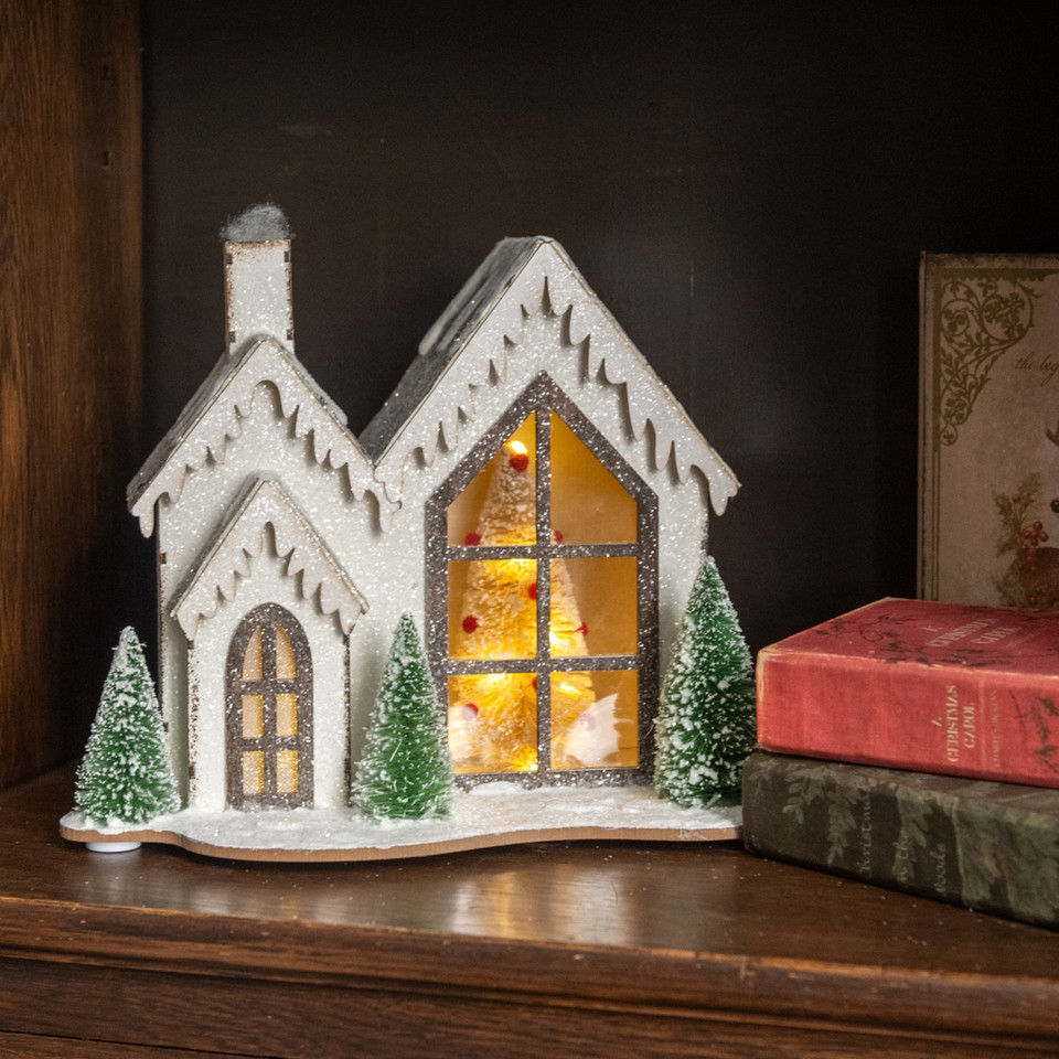 8.75" LIGHTED WOOD SNOWY HOLIDAY HOUSE