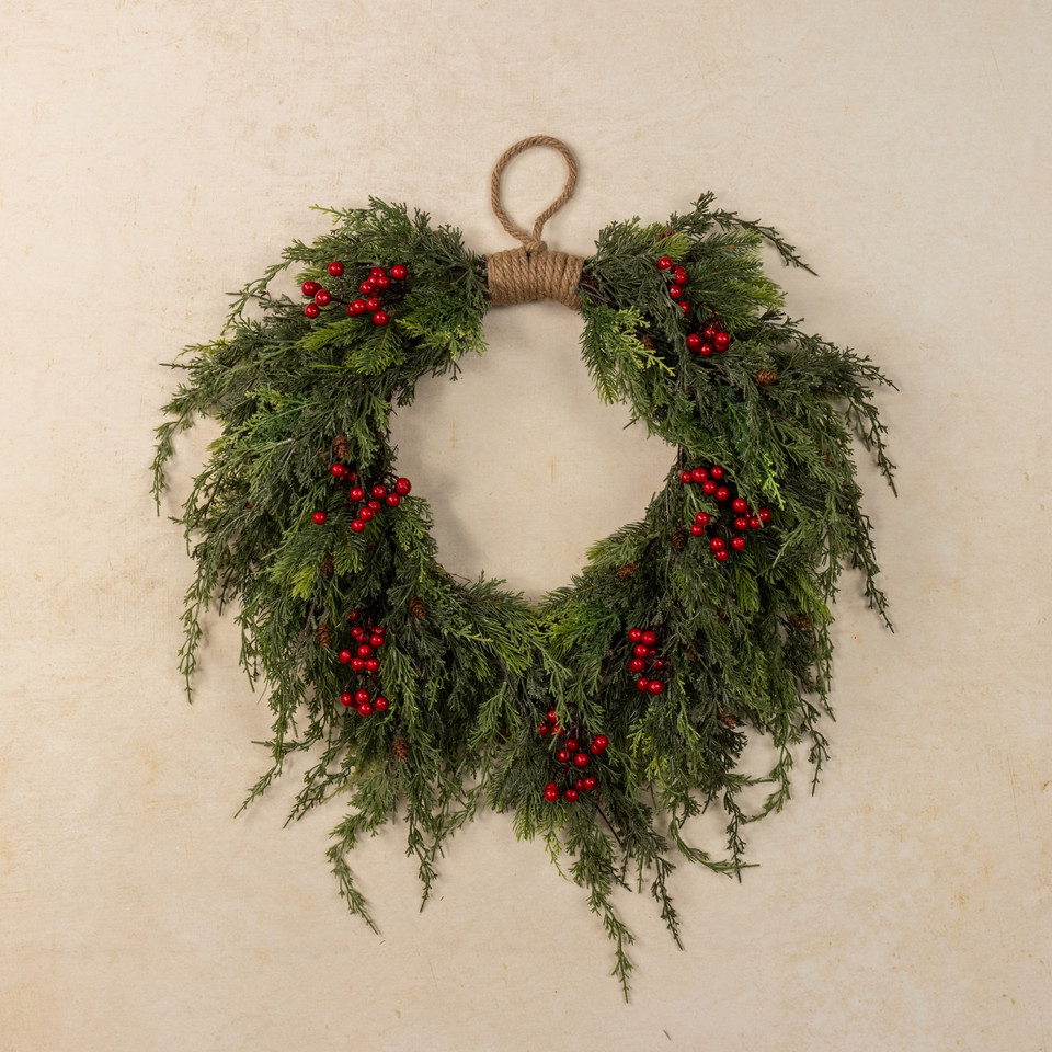 28" PINE, CEDAR & BERRIES HANGING WREATH