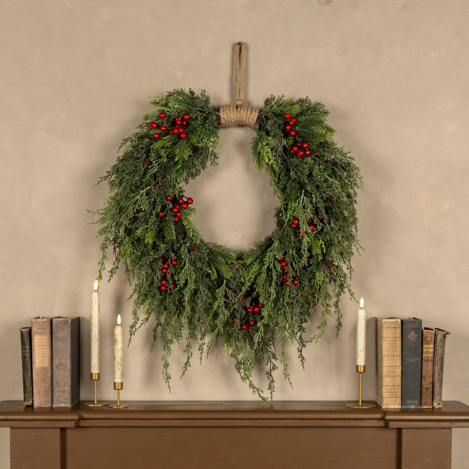 28" PINE, CEDAR & BERRIES HANGING WREATH