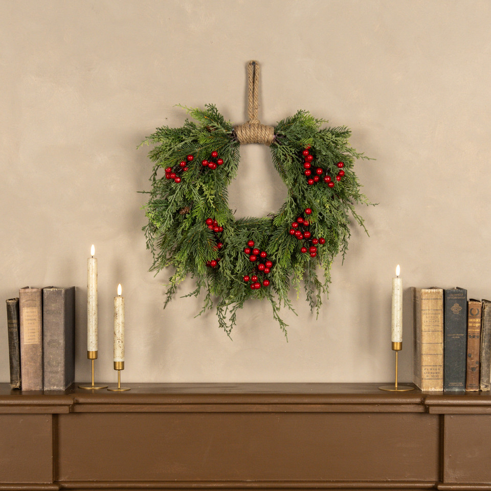 20" PINE, CEDAR & BERRIES HANGING WREATH