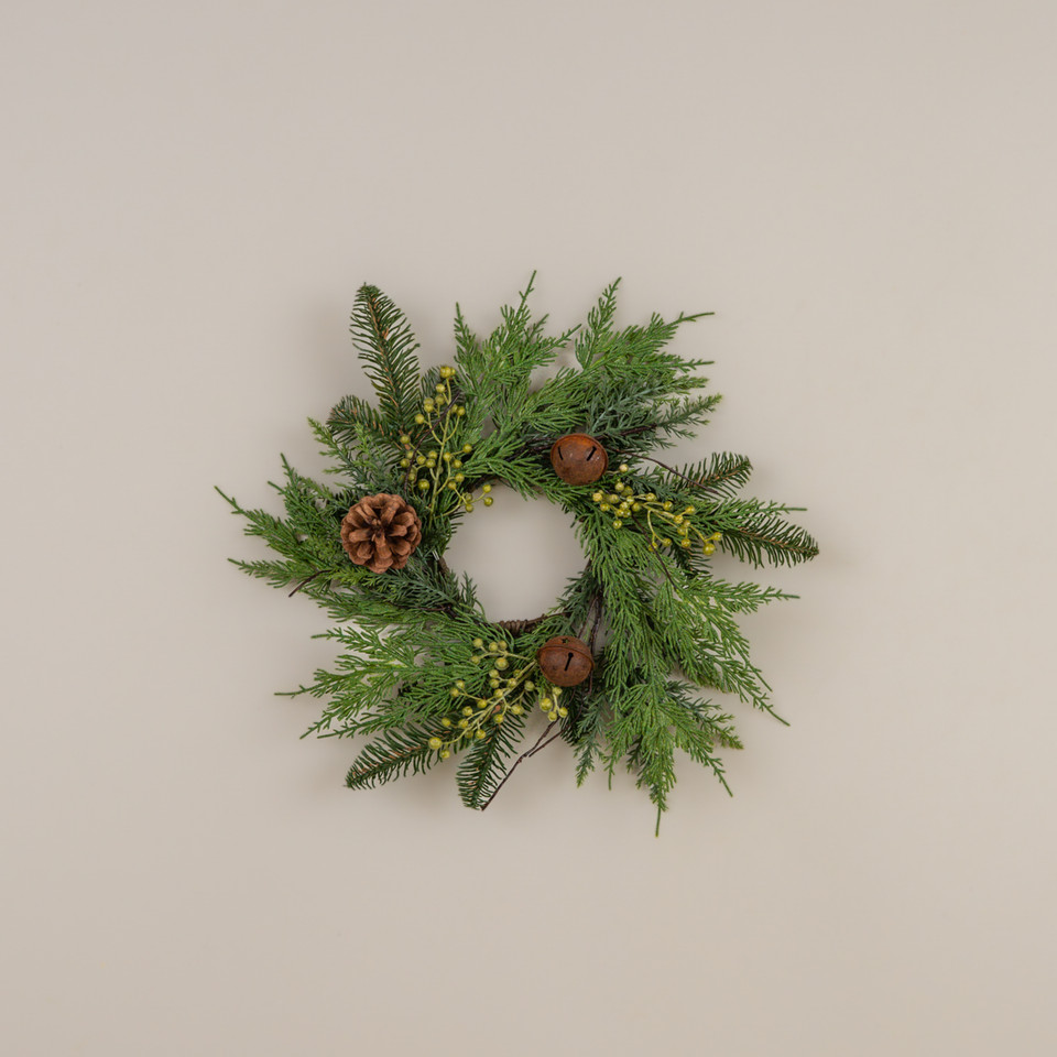 14" SOFT TOUCH PINE & CEDAR W/ AGED BELLS WREATH