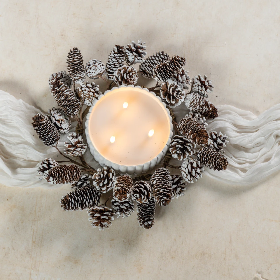 14" SNOWY PINECONE CANDLE RING