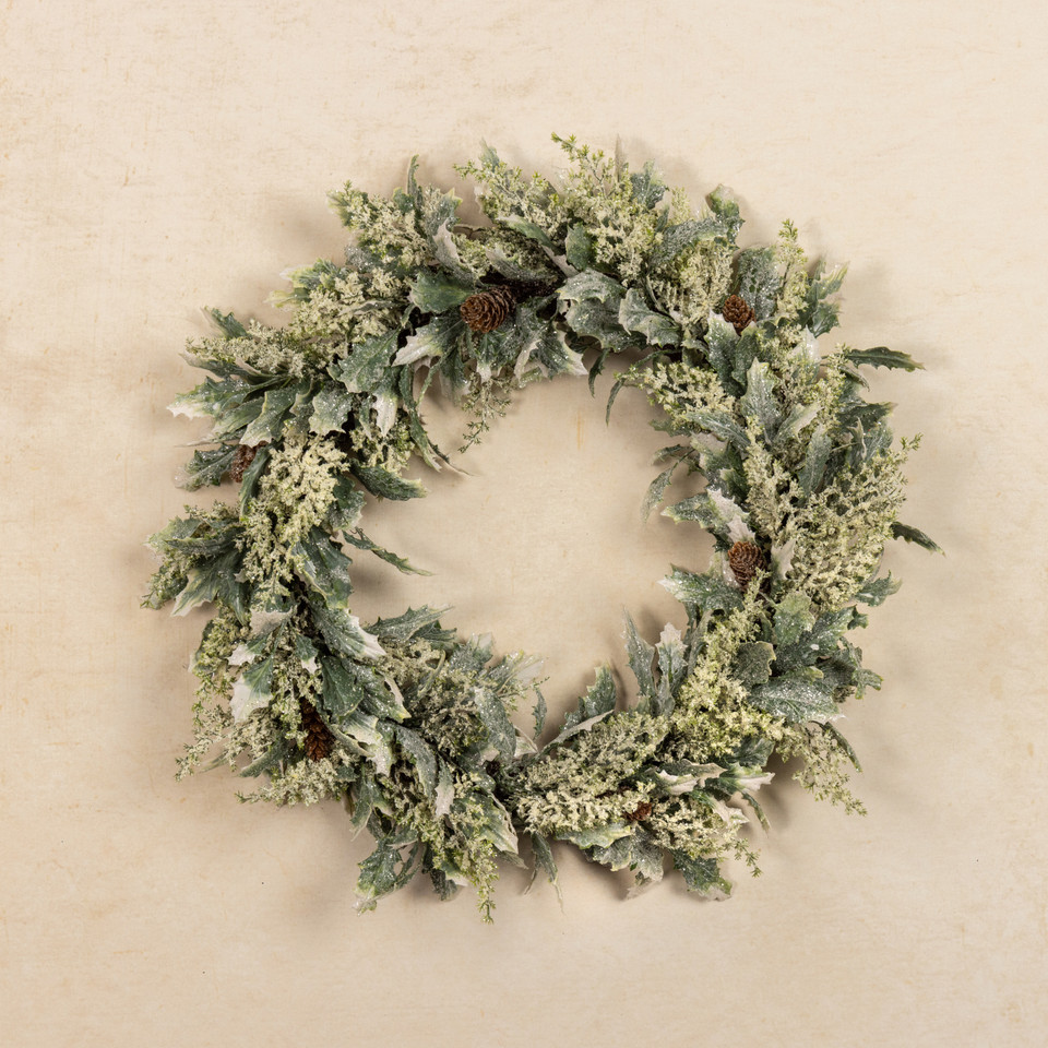 20" FROSTED HOLLY W/ PINECONES WREATH