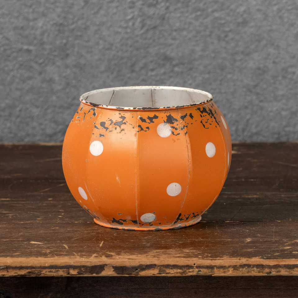 6" ORANGE & WHITE METAL POLKA DOT PUMPKIN