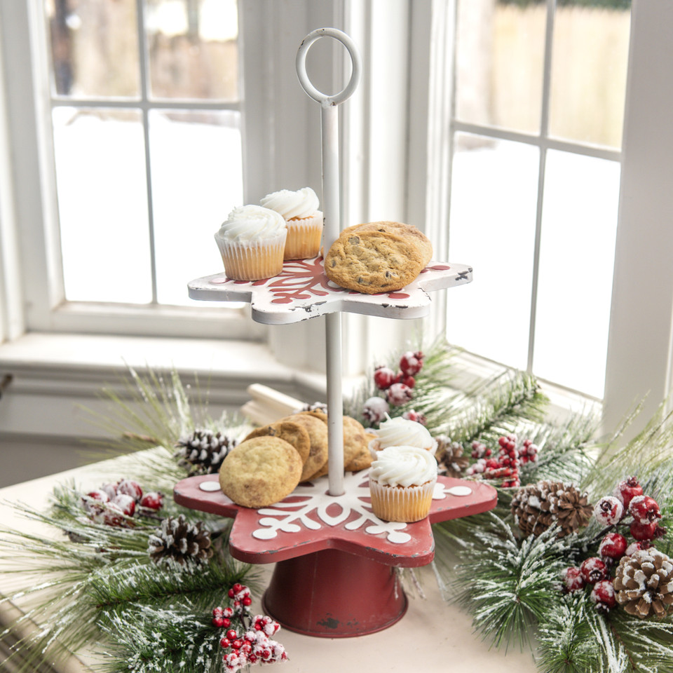 RED & WHITE TWO TIER SNOWFLAKE STAND
