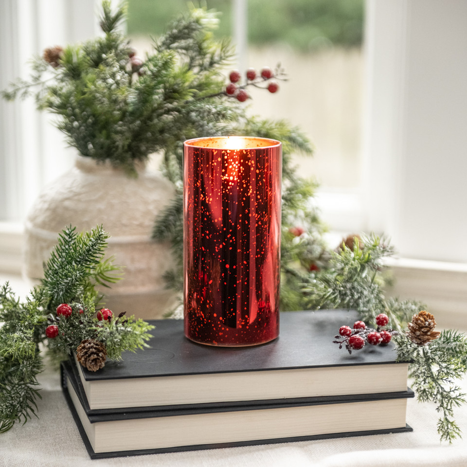 6" RED MERCURY GLASS 3D FLAME CANDLE