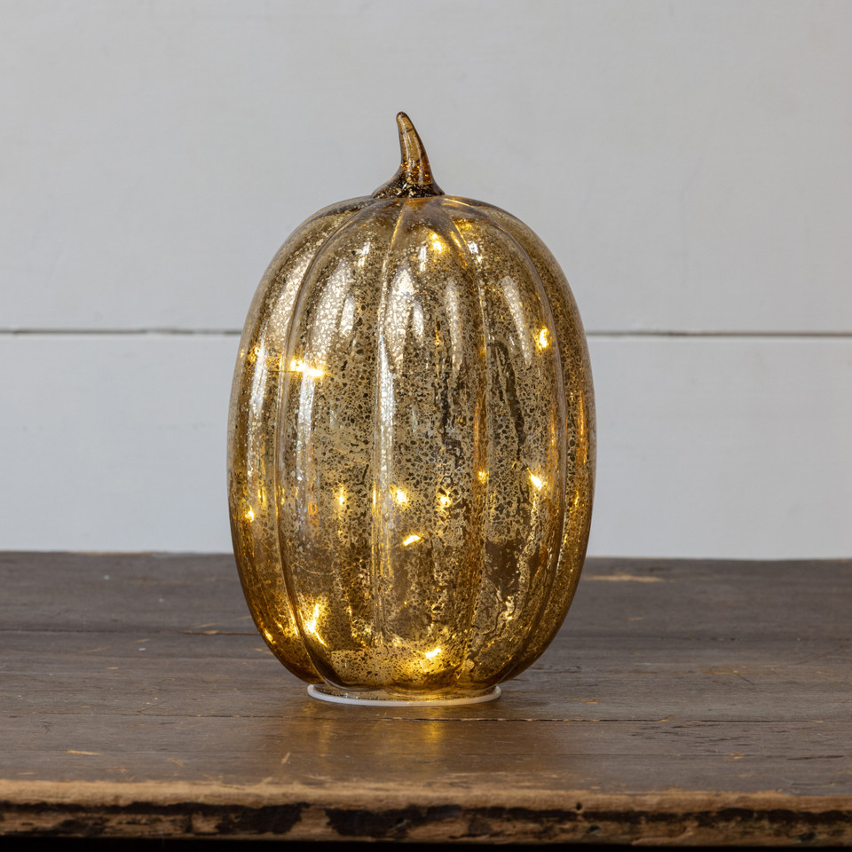 8.5" GOLD CRACKLE GLASS LED PUMPKIN