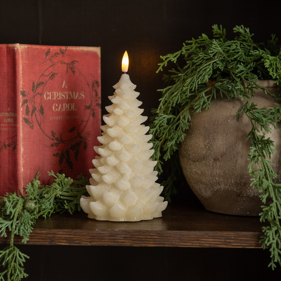 8" CREAM SHIMMER 3D FLAME BALSAM TREE CANDLE