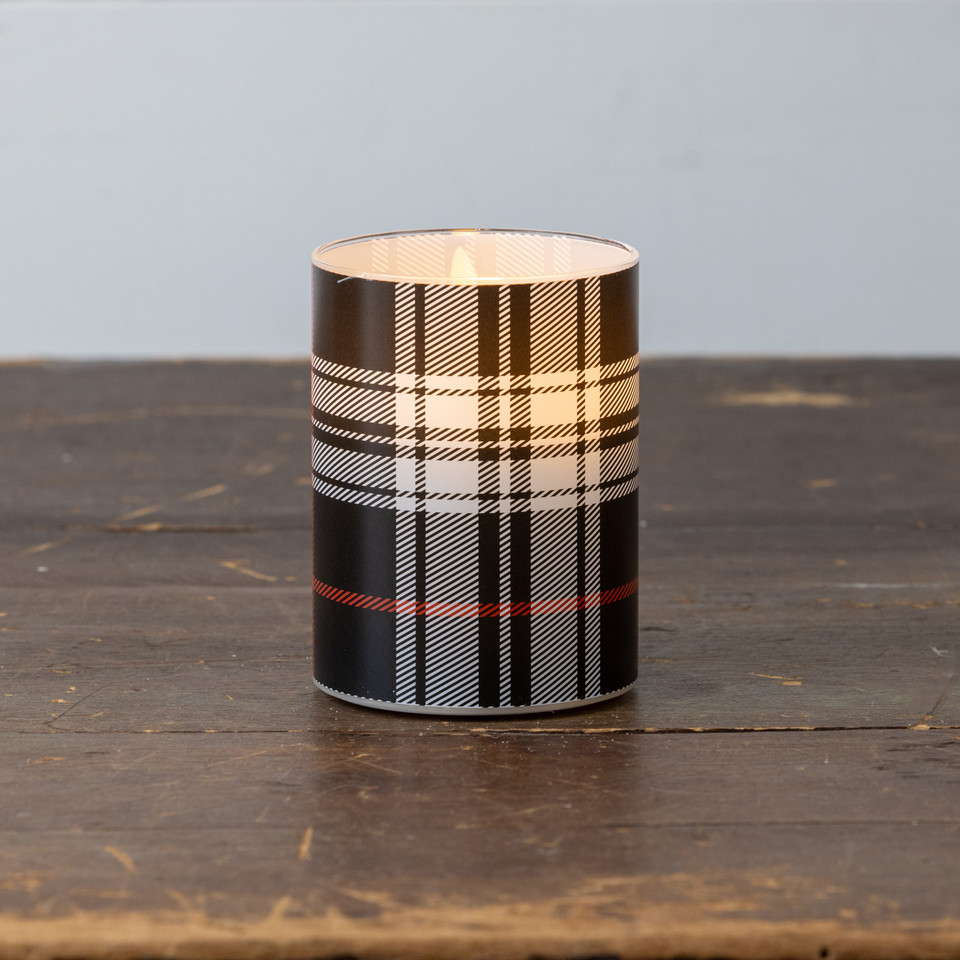 4" BLACK & WHITE TARTAN 3D FLAME GLASS CANDLE