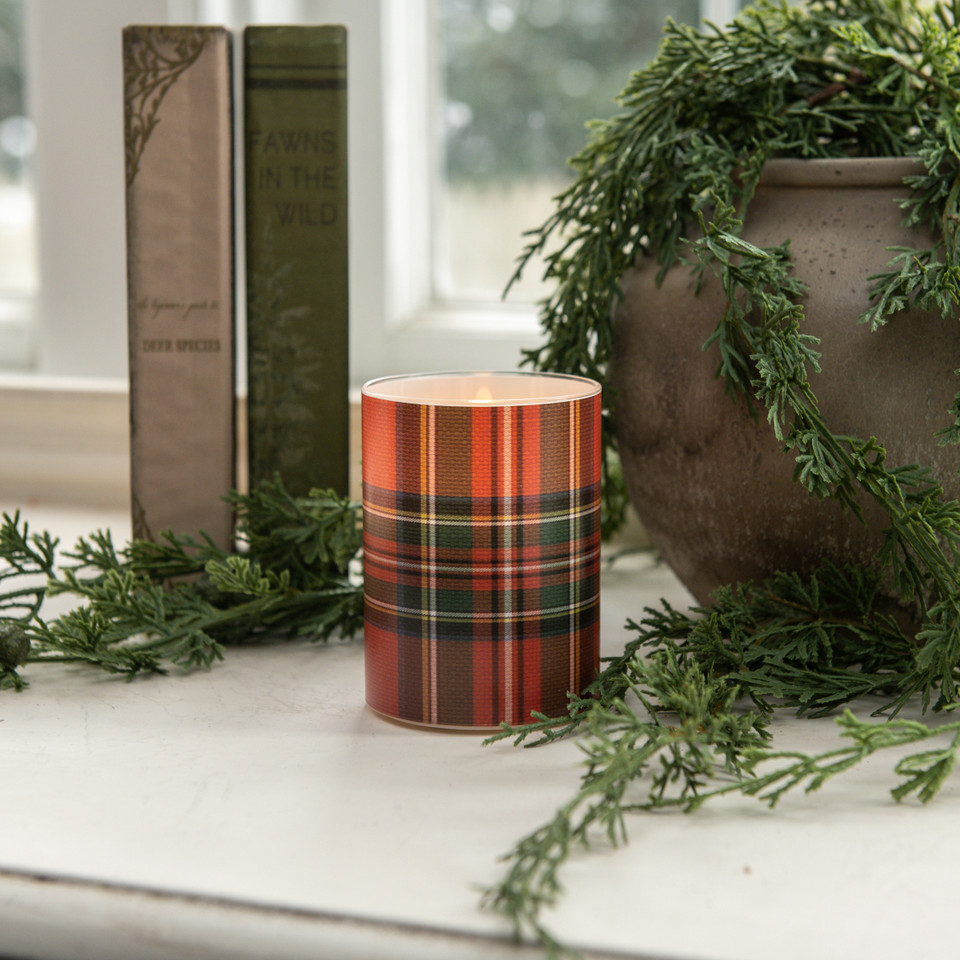 4" RED TARTAN 3D FLAME GLASS CANDLE