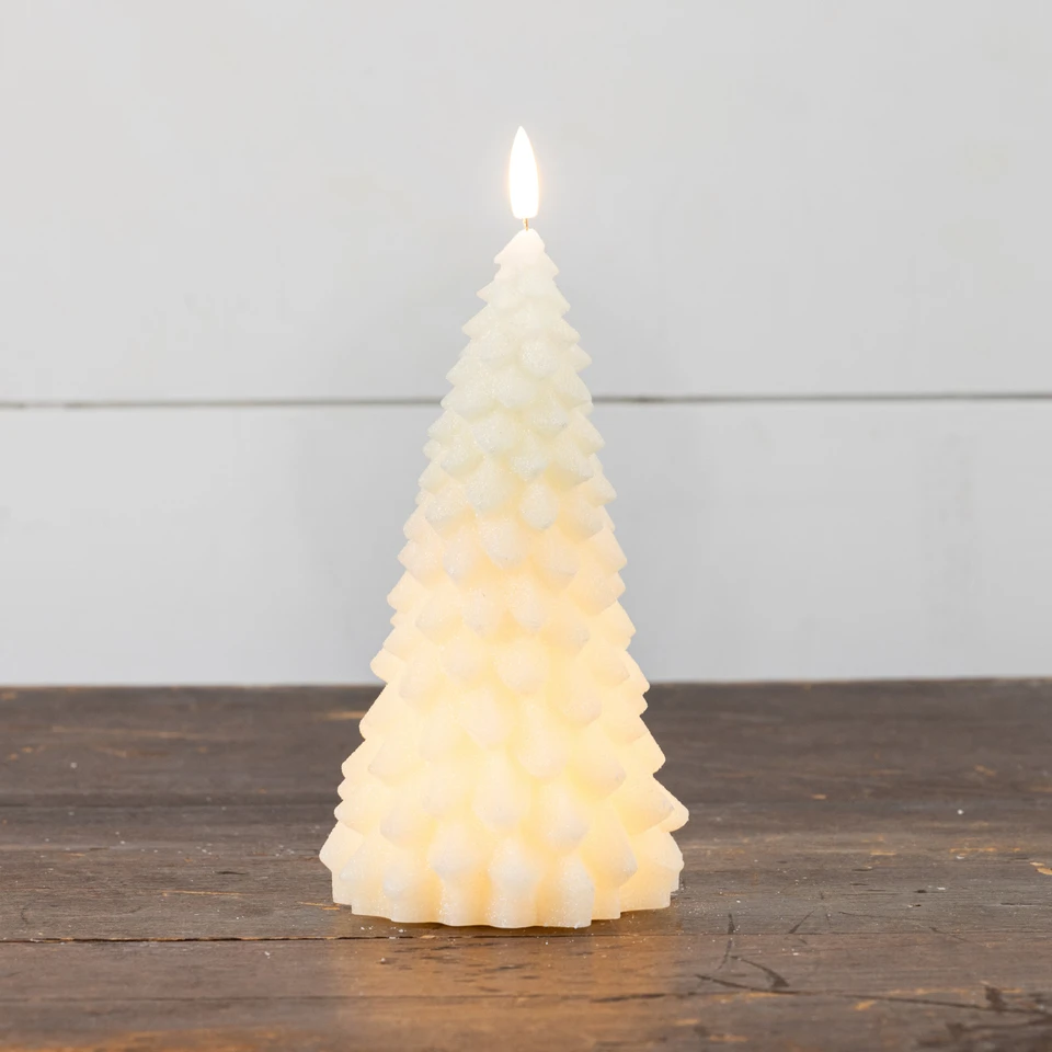 9" CREAM SHIMMER 3D FLAME FIR TREE CANDLE