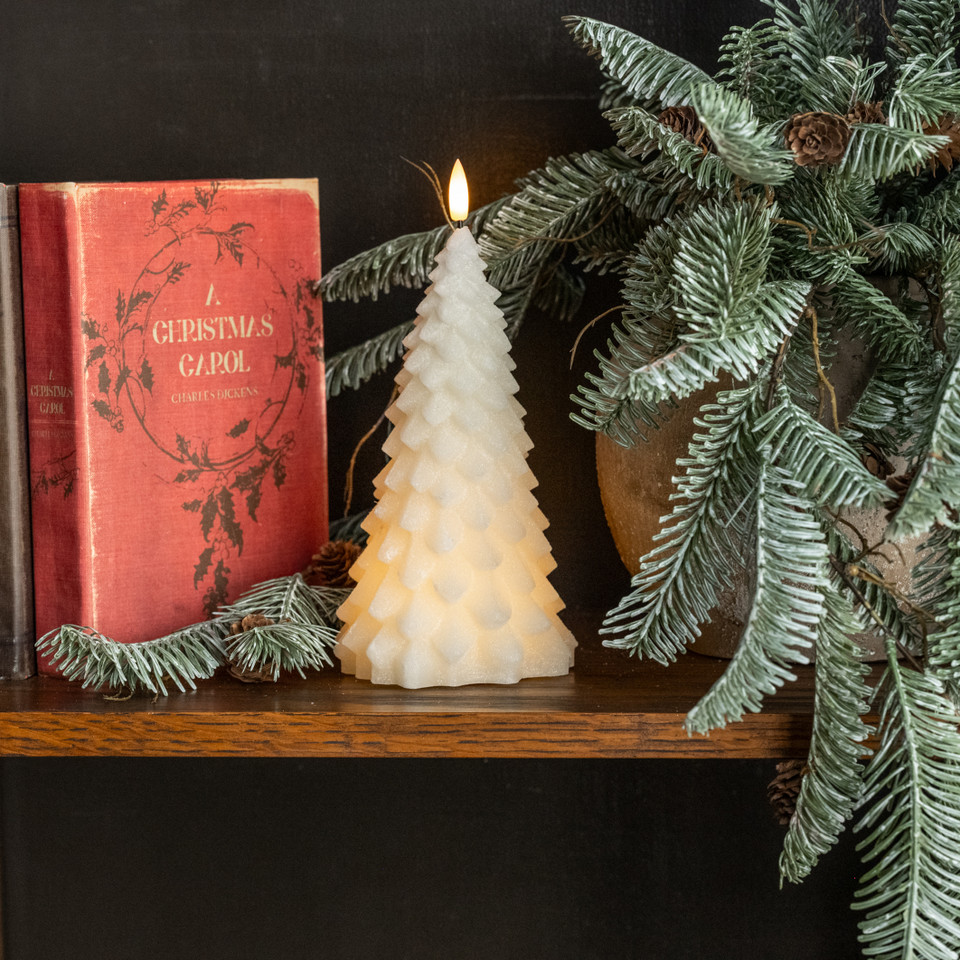 9" CREAM SHIMMER 3D FLAME FIR TREE CANDLE
