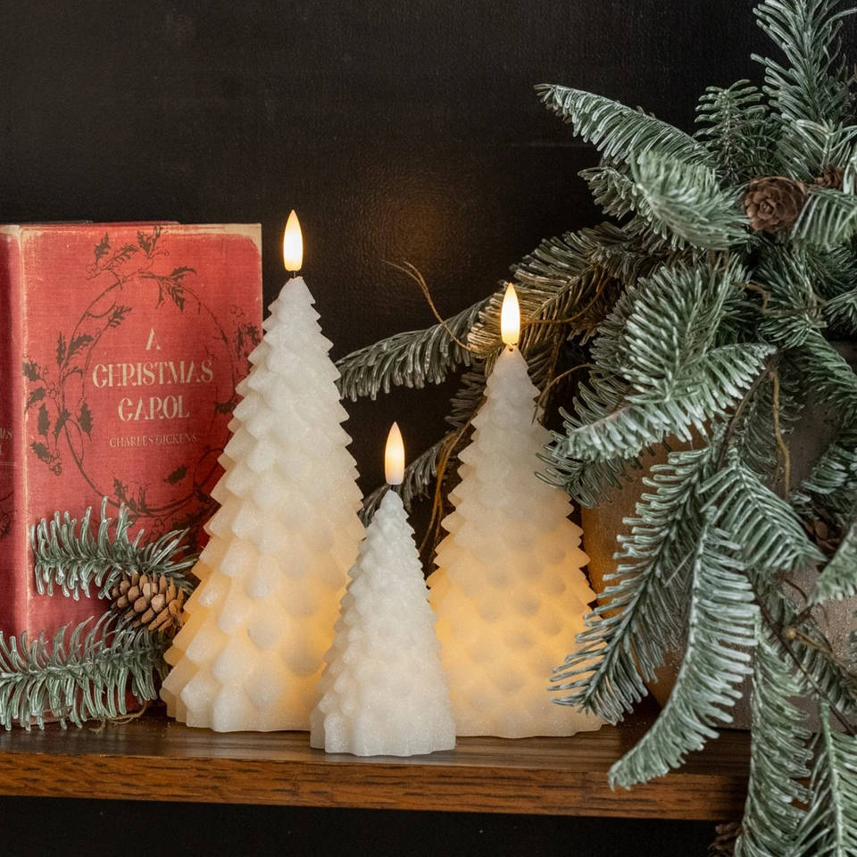 9" CREAM SHIMMER 3D FLAME FIR TREE CANDLE