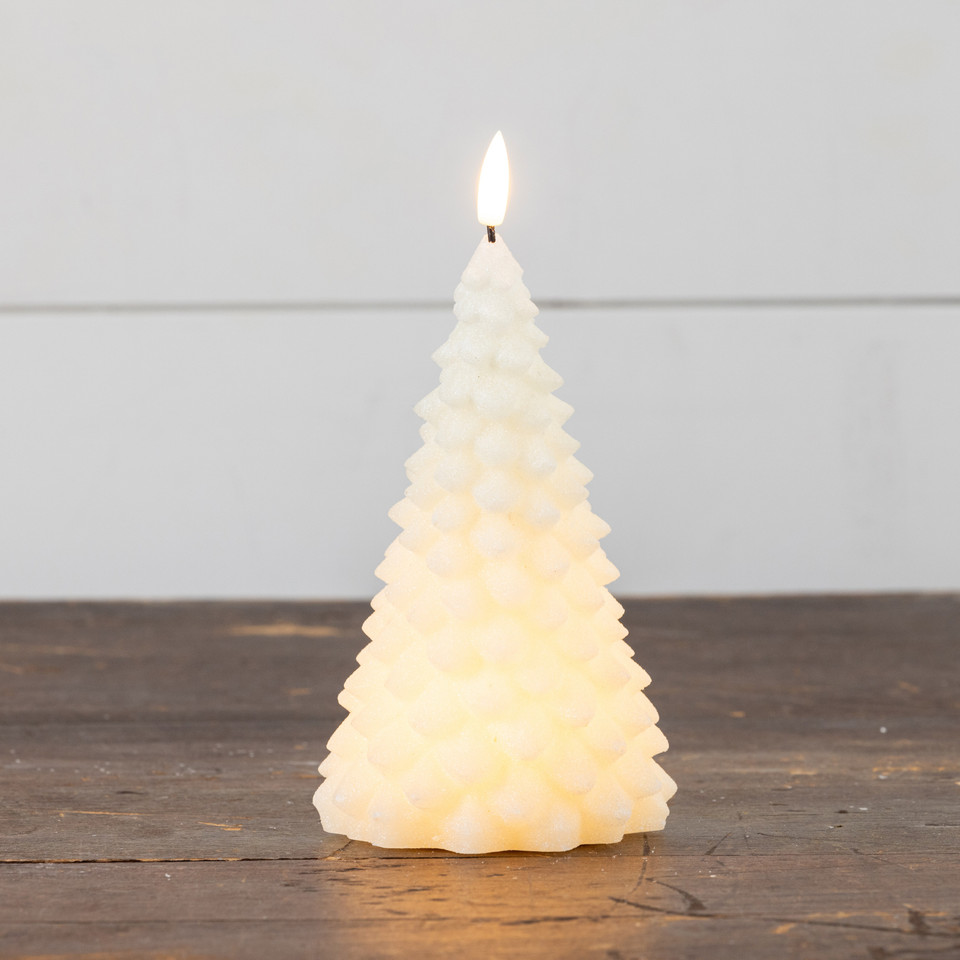 7.5" CREAM SHIMMER 3D FLAME FIR TREE CANDLE