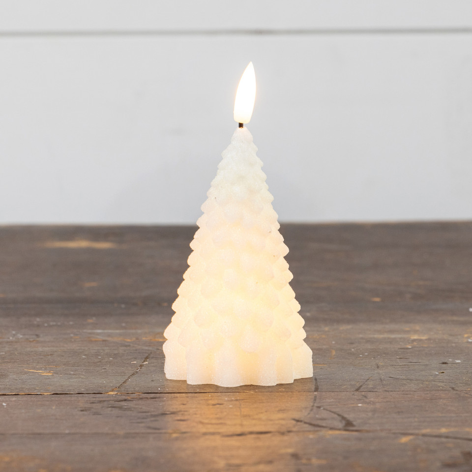 5.5" CREAM SHIMMER 3D FLAME FIR TREE CANDLE