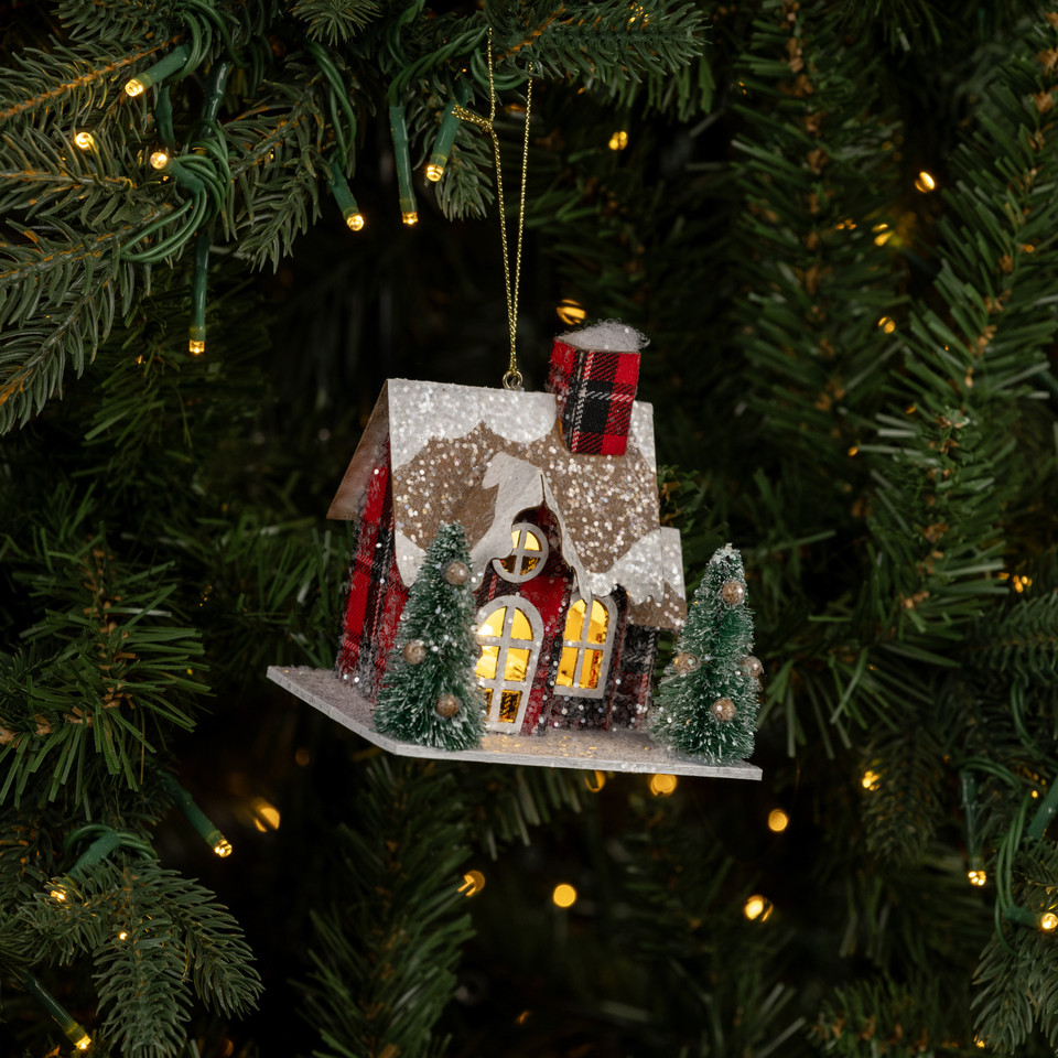 PLAID LIGHTED HOUSE ORNAMENT