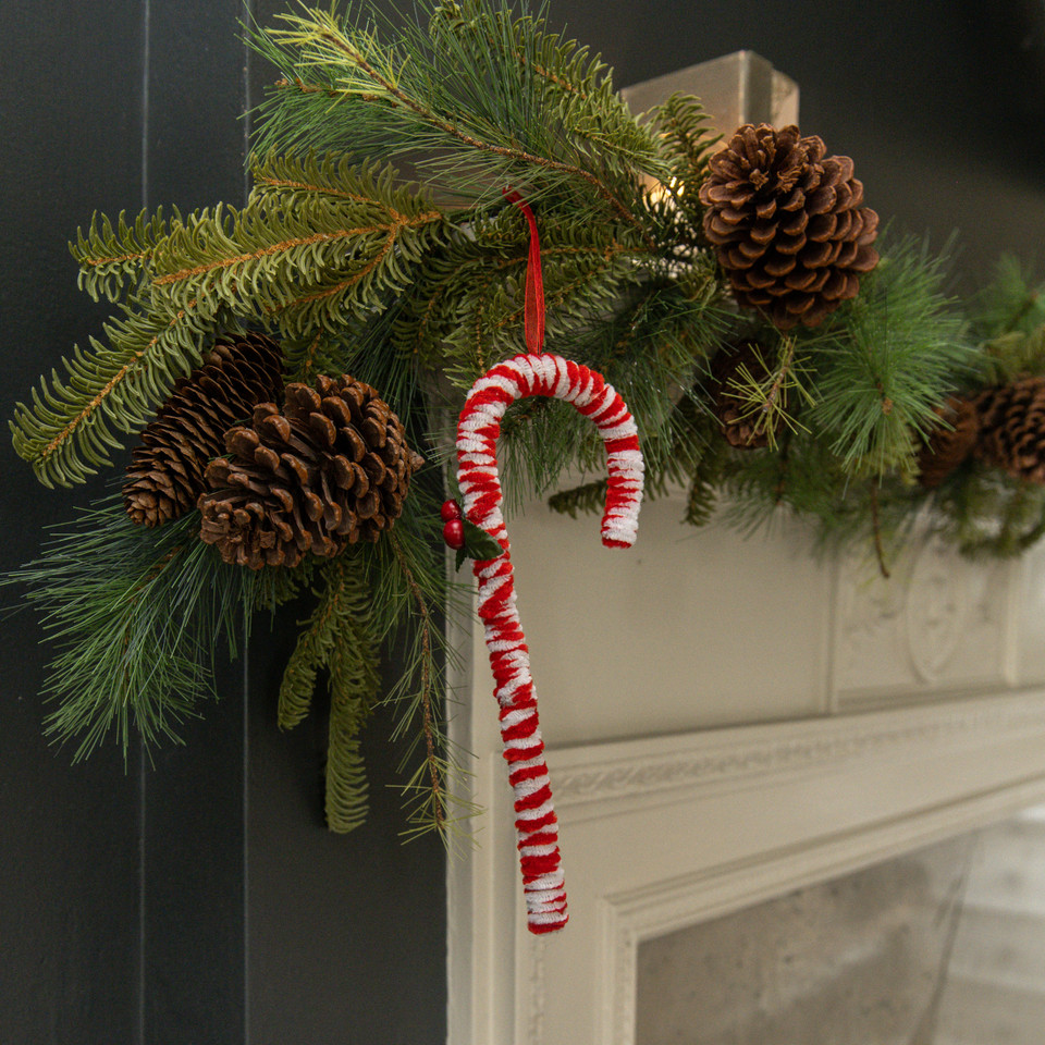 CANDY CANE ORNAMENT W/ HOLLY