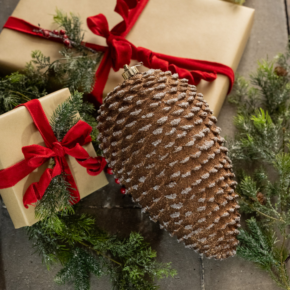 12" SNOWY BROWN PINECONE ORNAMENT