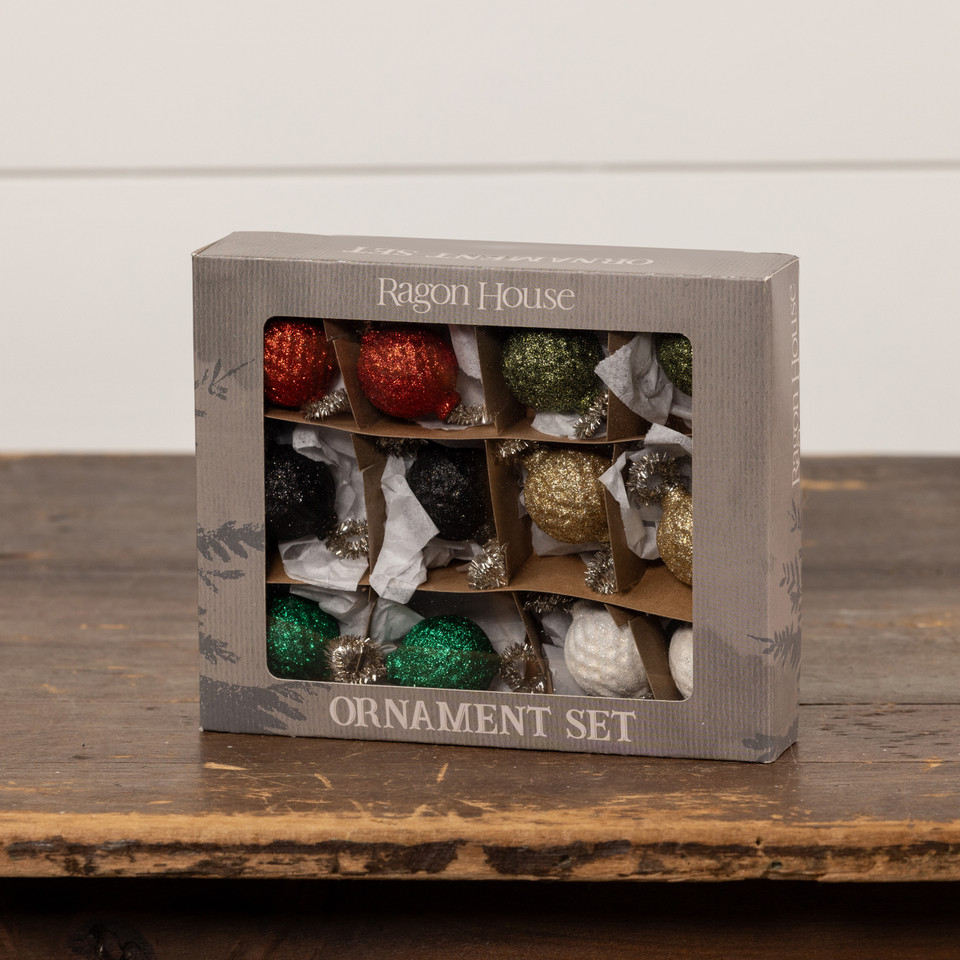SET/ 12 GLITTERED MULTICOLOR ORNAMENTS
