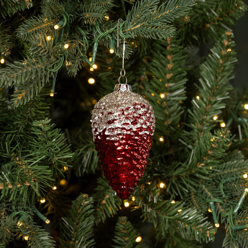 4.5" RED PINECONE W/ SILVER GLITTER ORNAMENT