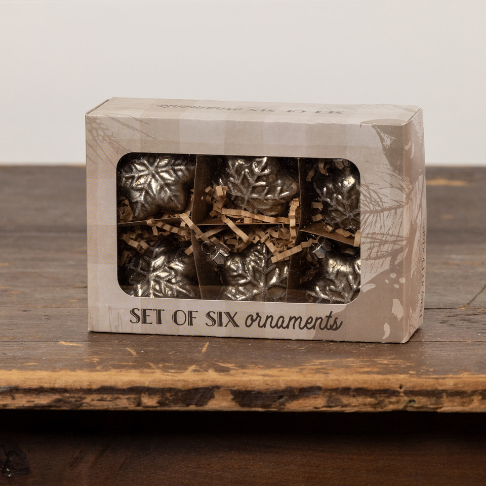 SET/ 6 SILVER GLASS SNOWFLAKE ORNAMENTS
